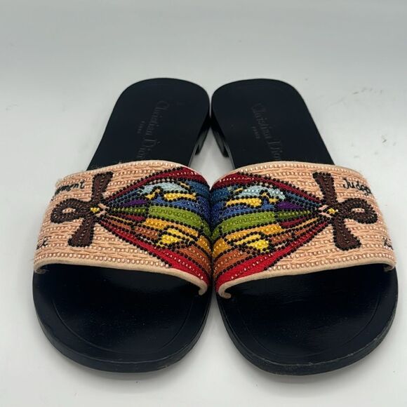 CHRISTIAN DIOR Multicolor Beaded Tarot Card Slide Sandals Size 37.5/ US 7.5 - Picture 3 of 11